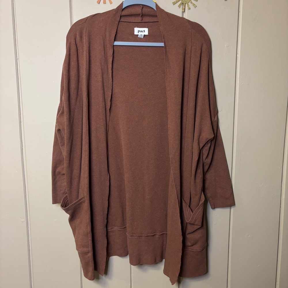PACT Organic Cotton Cardigan Sweater Rust Brown XS Open Front Pockets
